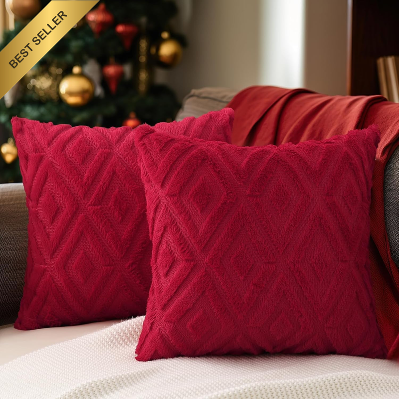 2Pcs Soft Faux Fur Throw Pillow Covers 18X18 - Plush Short Wool Velvet Decorativ