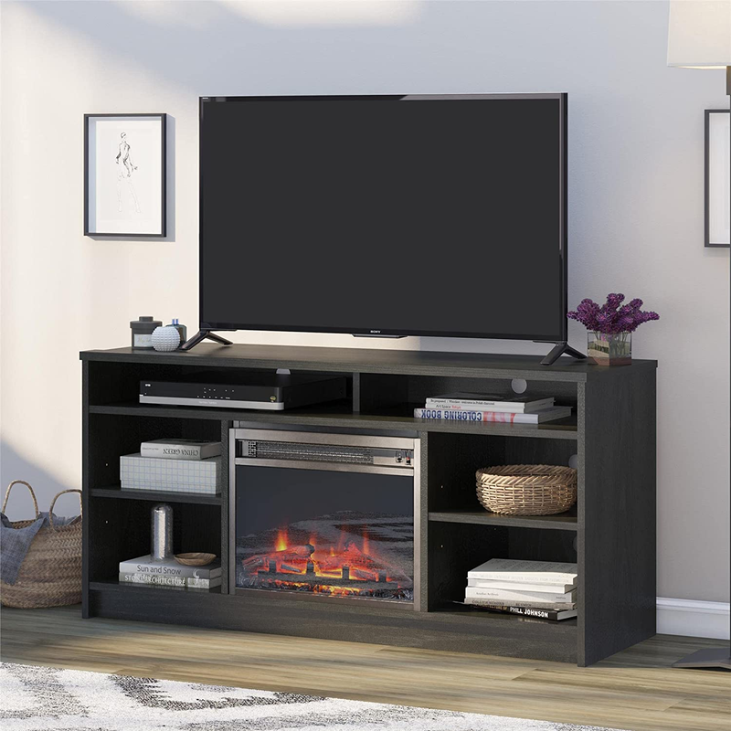 With Electric Fireplace Insert And 6 Shelves, Black Oak