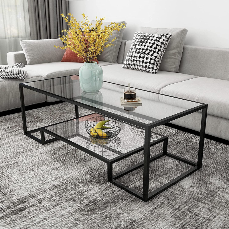 Modern Metal Glass Coffee Table Tempered Glass Side for Living Room Home