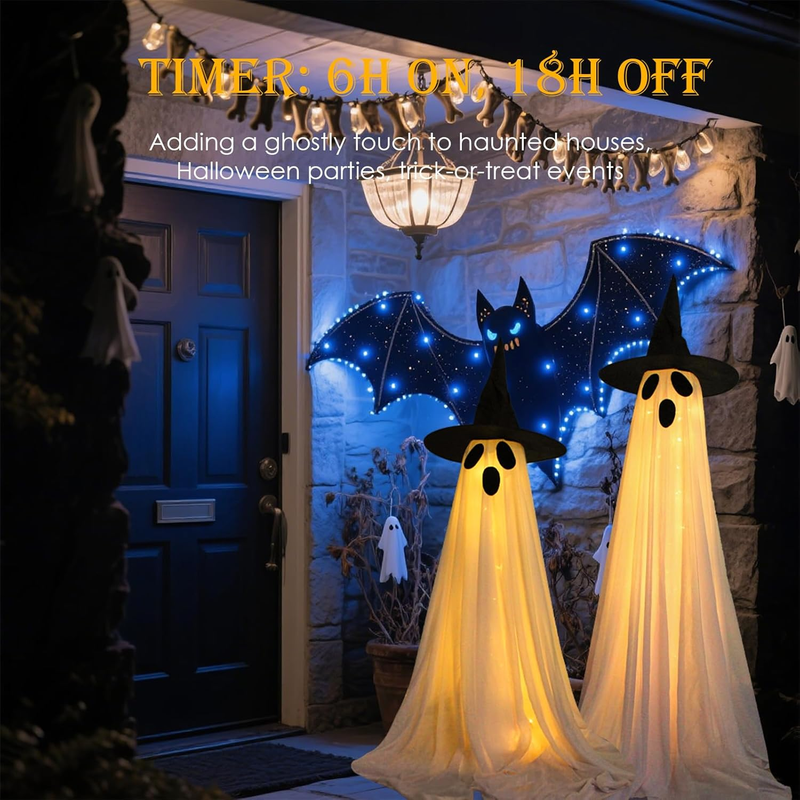 2 Packs Ghost Halloween Decorations Outdoor, Battery Operated Halloween Lights w