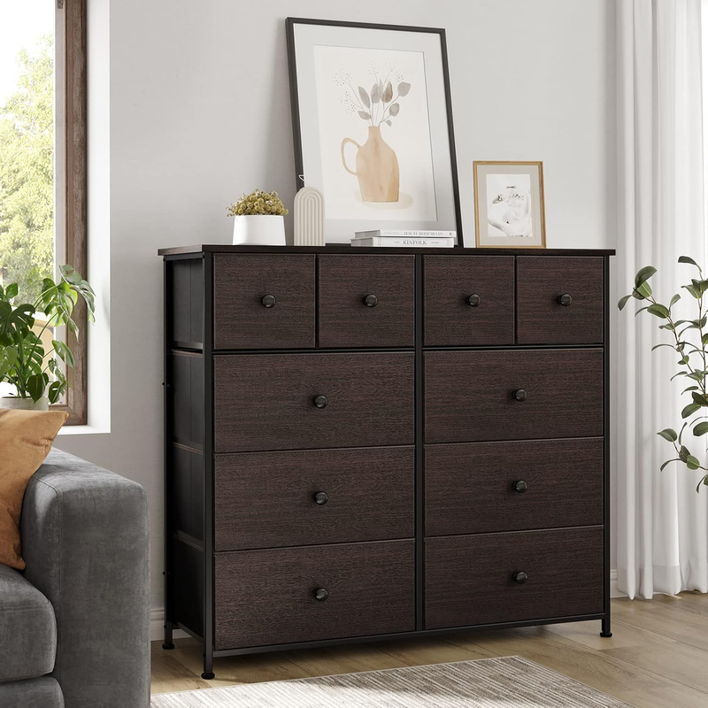 Dresser for Bedroom with 10 Drawers, Wide Black Dresser with Wood Top, Fabric St