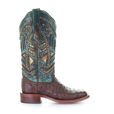 Pre-owned Corral Boots Corral Womens Vaquero Stud Cowboy Boots Ostrich Brown/turquoise