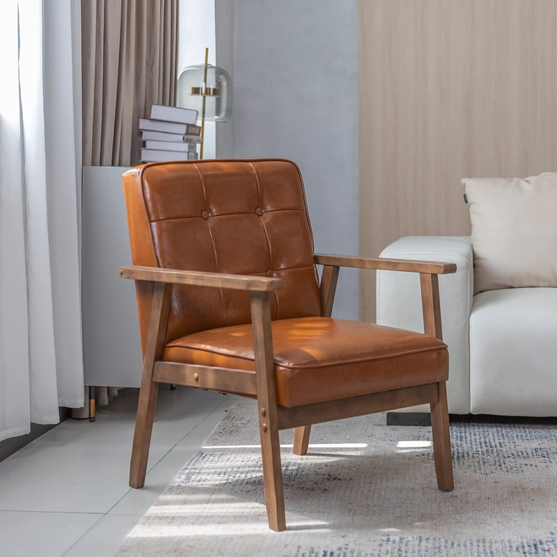 Mid Century Modern Accent Chair, Retro Wood Leather Armchairs Side