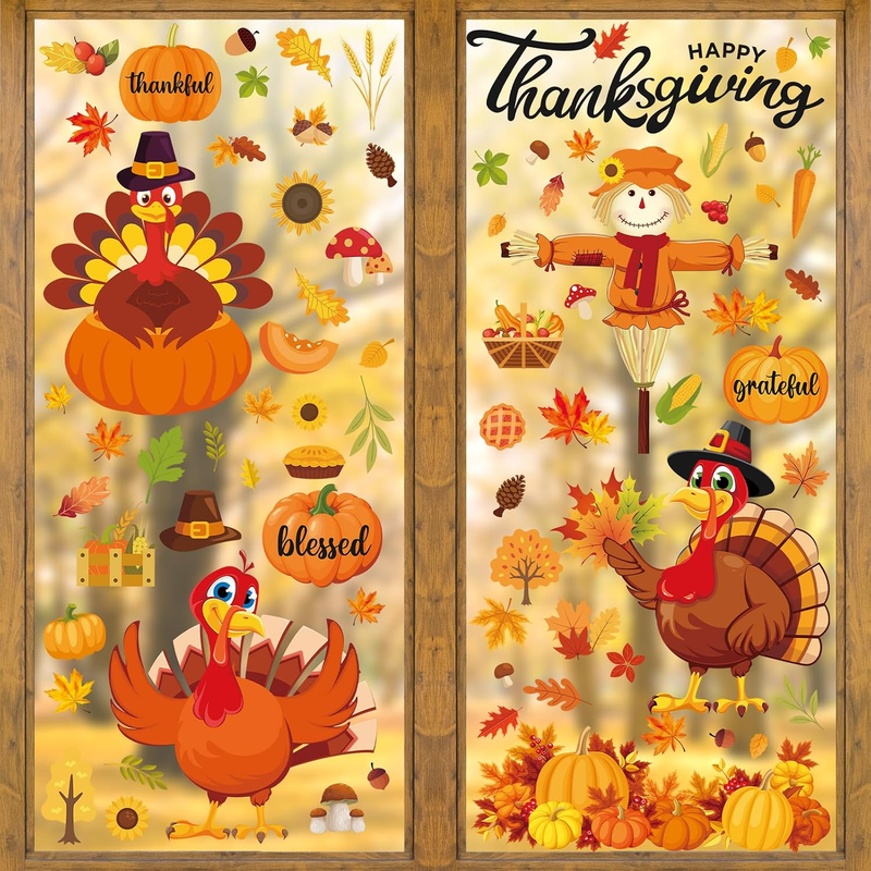 Fall Thanksgiving Window Clings 6 Sheets, Large Turkey Fall Leaves Reusable Wind