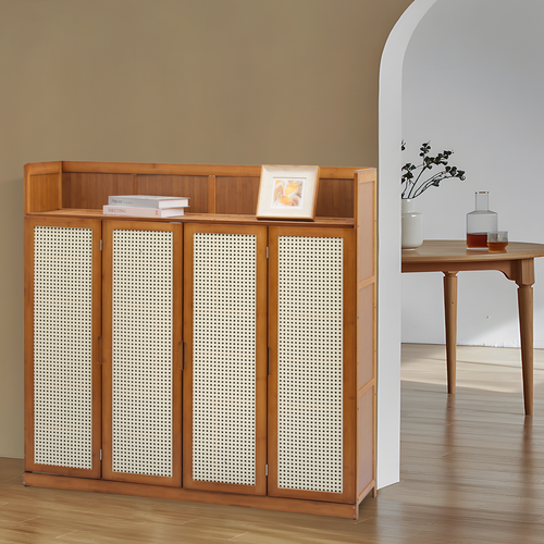 46" Bamboo Shoe Rack 7-Tier Heels Storage Shelf Organizer w/Plastic Rattan Door