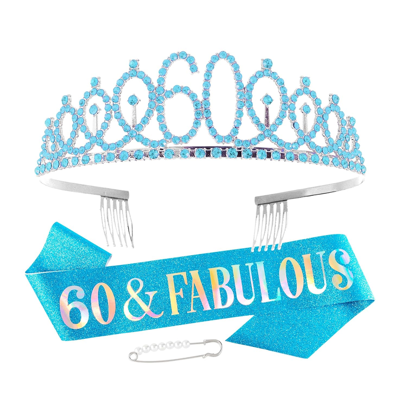 60Th Birthday Sash and Blue Tiara - Gifts and Decorations for Women - Happy Birt