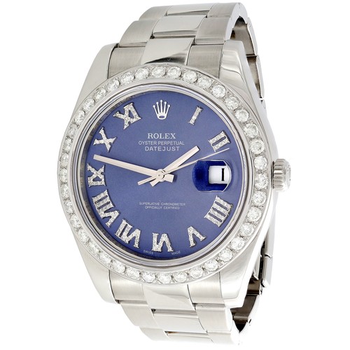 Mens DateJust II Rolex 116300 Diamond Watch 41mm Blue Roman