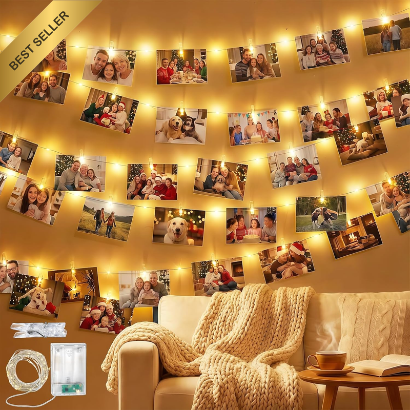 5M 50 LED Warm White USB Fairy Lights with 50 Durable Photo Clips for Wall Decor
