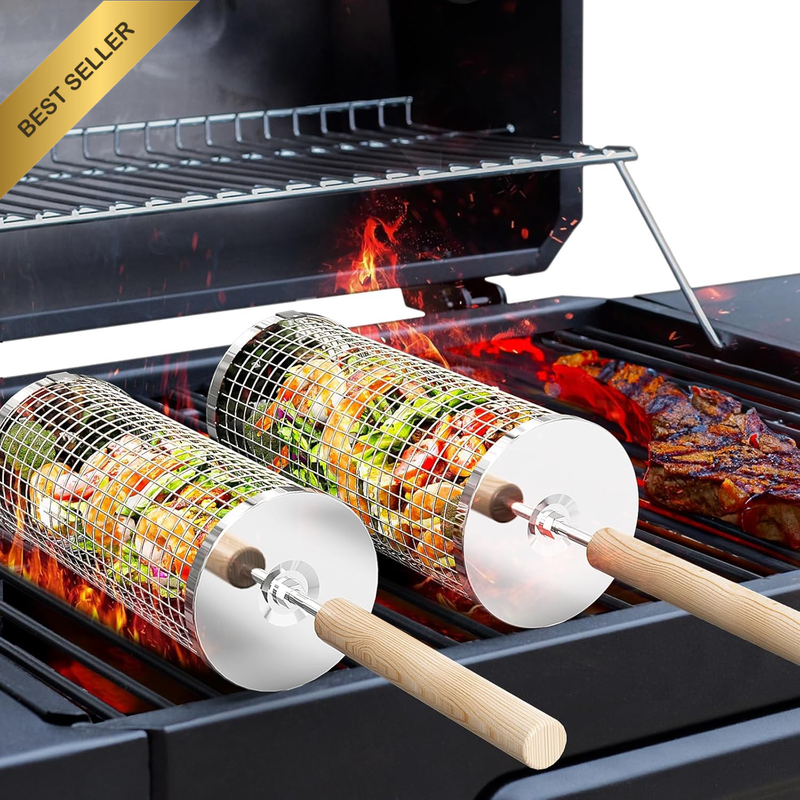 Rolling Grill Baskets, Rolling Nesting Grilling Net, Stainless Steel BBQ Accesso