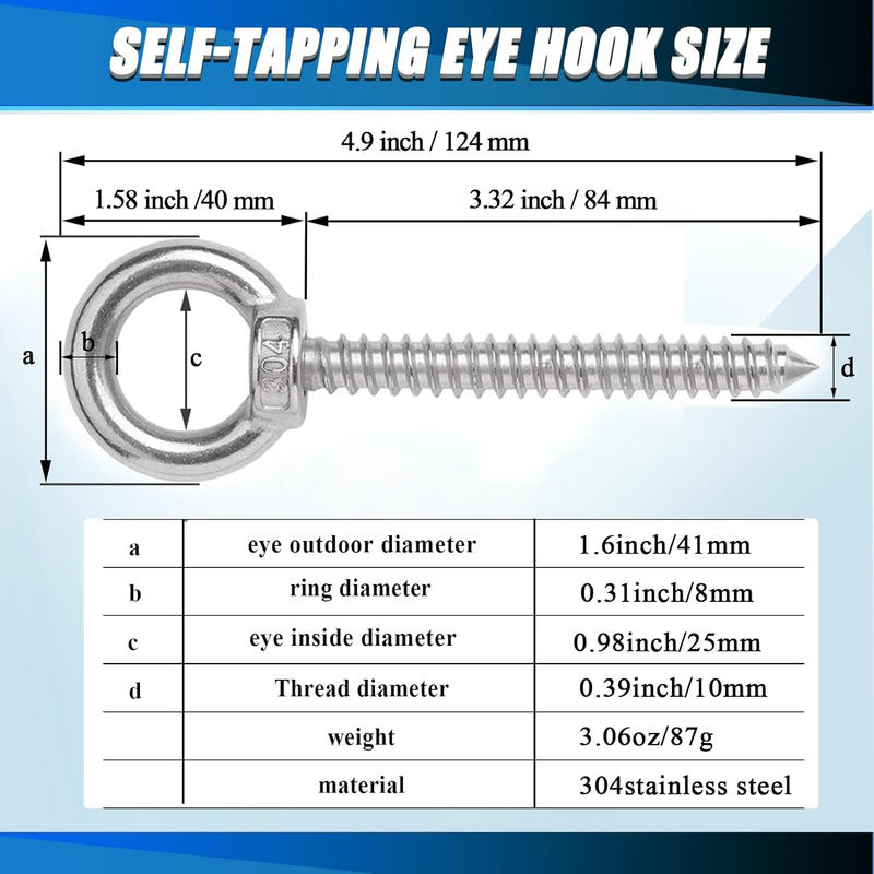 Heavy Duty Eye Hooks 5Inch Self Tapping Eyelet Screw Load Capacity 700LBS Heavy
