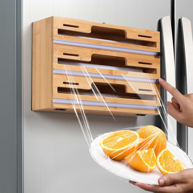 Magnetic Plastic Wrap Dispenser with Cutter, 3 in 1 Refrigerator Bamboo Wood Organizer for Tin Foil, Baking Paper, Wax Paper Holder Kitchen Storage Box Compatible with 12.9