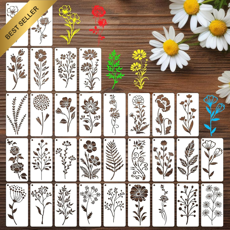 32 Pcs Botanical Flower Stencils Small Wildflower Floral Paint Stencil