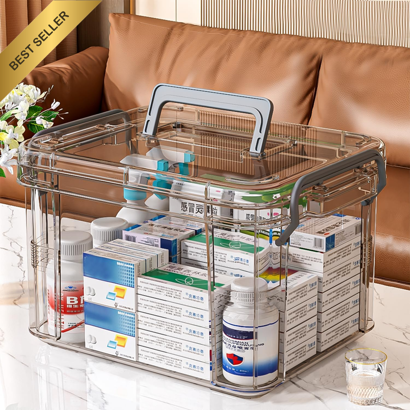 Clear Medicine Organizer Storage Box with Tray, First Aid Box Empty, Medicine Ca