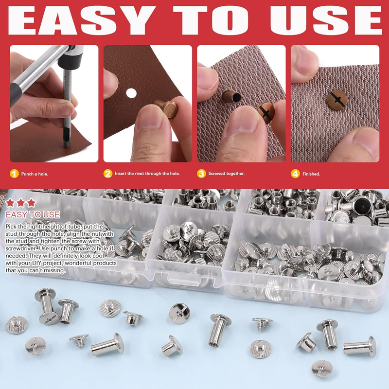 110 Sets Silver Chicago Screws Flat Head Screws Leather Rivets, Carbon Steel Rou