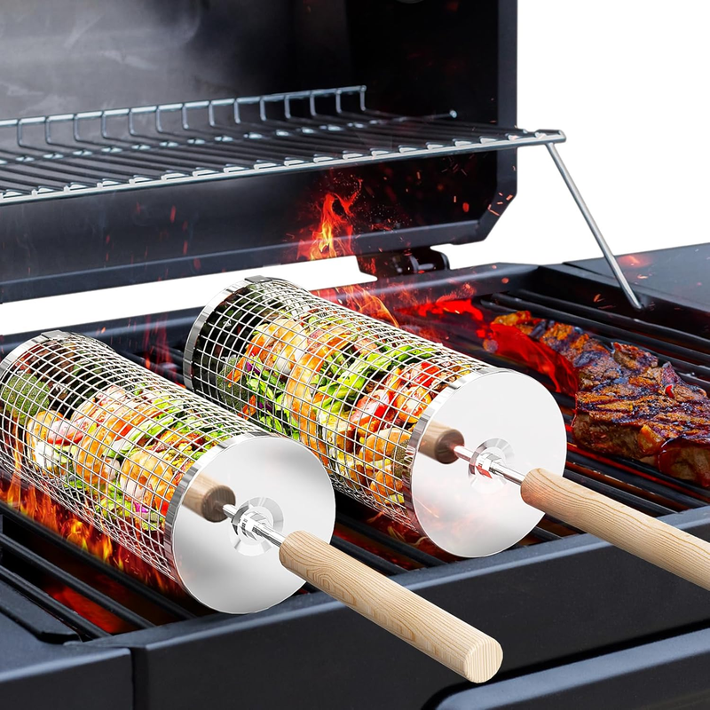Rolling Grill Basket, Removable Wooden Handle, 304 Stainless S...