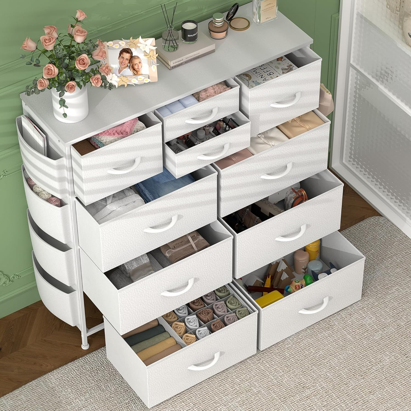 White Dresser for Bedroom with 10 Drawers, Chest of Drawers with Side Pockets an