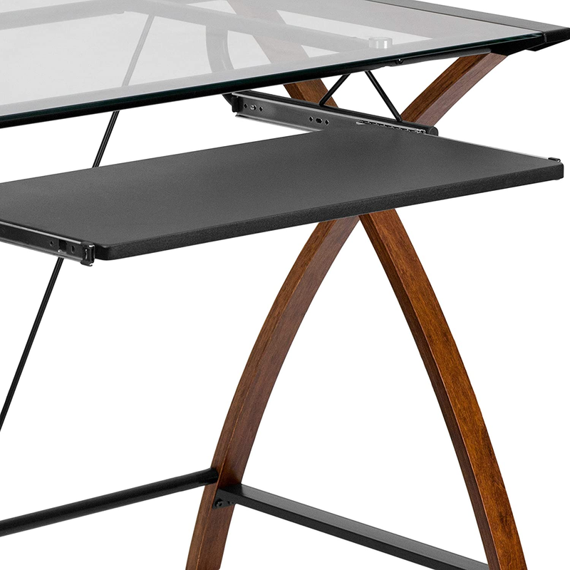 Jude Glass Computer Desk with Pull-Out Keyboard Tray and Crisscross Frame, Clear