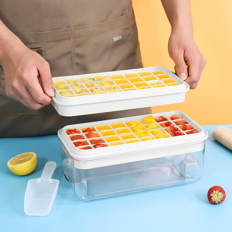 Ice Cube Tray with Lid and Bin, 64 pcs Ice Cubes Molds, Ice Trays for Freezer, I