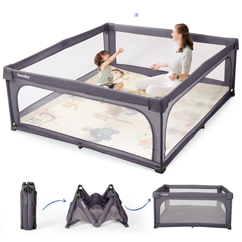 Large Baby Playpen with Door, 59x59 Inch Indoor/Outdoor Play Yard, Dark Grey