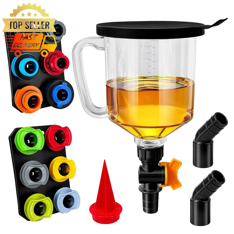 18 Pack No Spill Oil Funnel Kit – 1.5L Auto Funnel & 12 Adapters, Magnetic Board