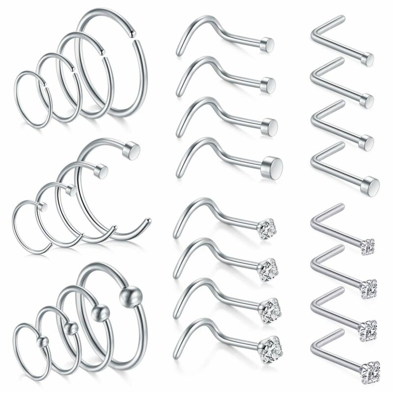 28pcs Nose Ring Hoop Surgical Stainless Steel Studs Screw L-shaped Piercing 18g