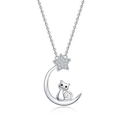 925 Sterling Silver Cat Moon Star Necklace Pendant Jewelry Gift for Women...