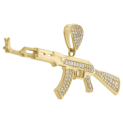 Pre-owned Jfl Diamonds & Timepieces 10k Yellow Gold Cubic Zirconia Ak-12 Machine Gun Rifle Pendnat Cz Charm 1.15" In White