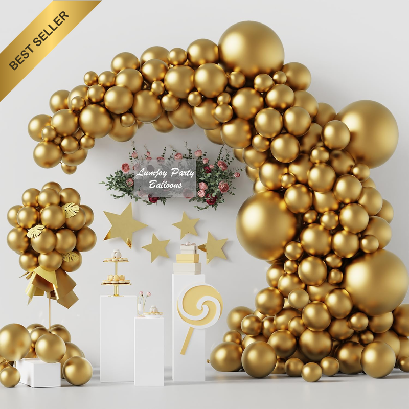 129 Pcs Metallic Chrome Gold Balloon Garland Kit Assorted Sizes 18-5 Inch Latex