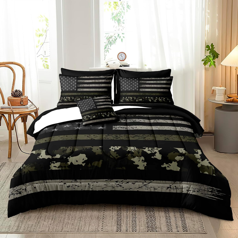 American Flag Comforter Set Camo Comforter Twin Bed Set Black Grey Army Green Camouflage American Flag Bedding Set 6 Pieces Twin Bed in a Bag Teen Boys Kids Bedding Set Twin Size