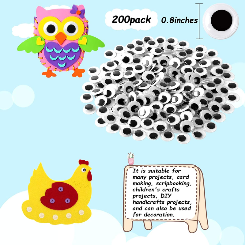 200 Pieces Wiggle Eyes Self Adhesive Black White Googly Eyes for DIY Crafts Deco