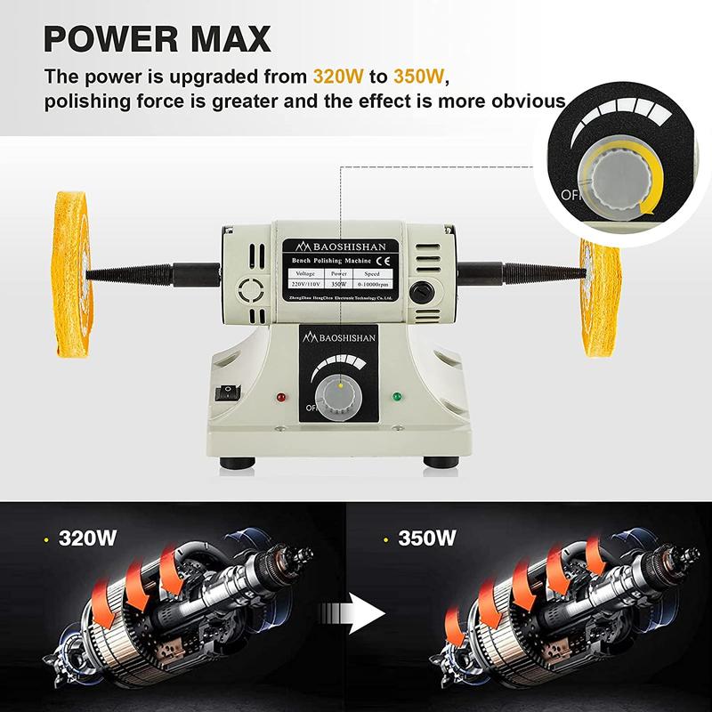 Bench Buffer Polisher 350W 1/2HP Variable Speed Electric Buffing Machine 4 Inch