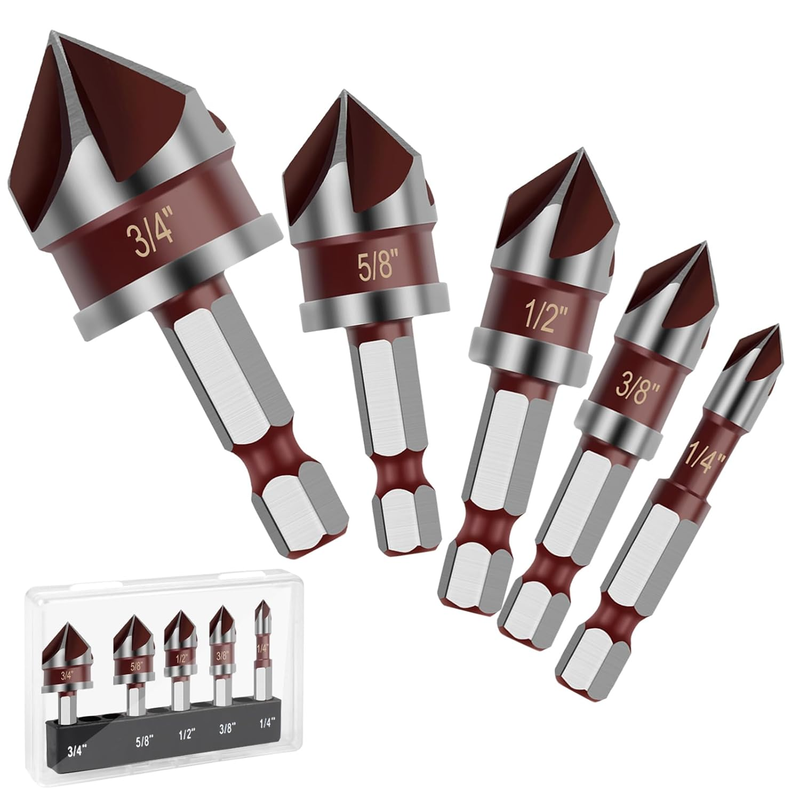 Countersink Drill Bit Set 5PCS 82 Degree HSS 1/4-3/4 Hex Shank Wood Metal