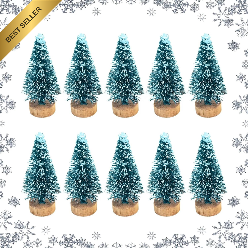 10pc Mini Christmas Tree 6.5cm Small Bottle Brush Wooden Base Tabletop