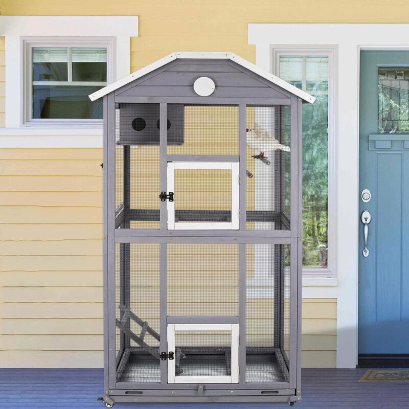 65" Bird Cage Wooden Large Parakeet Cage Flight Aviary on Wheels with Perches
