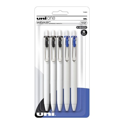 uni-ball uni one Retractable Gel Pens Medium Point 0.7mm Black/Blue Ink 5/Pack