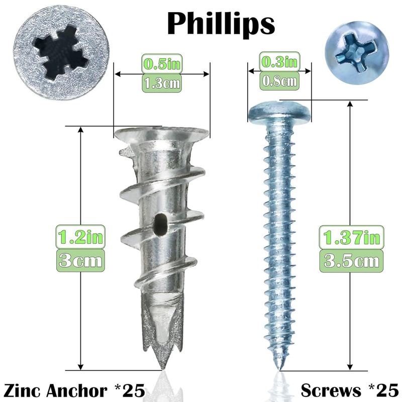Zinc Self-Drilling Drywall Anchors with Screws Kit, 25 Heavy Duty Metal Wall Anc