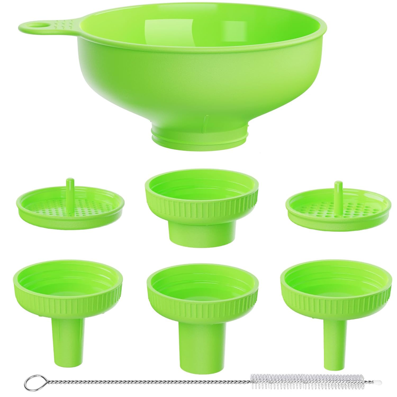 Wide Mouth Versatile Funnel, Canning Funnels for Kitchen Use, Food Grade Plastic Cooking Funnel Set with 4 Size Spouts and 2 Strainers for Filling Different Bottles and Bags, Green