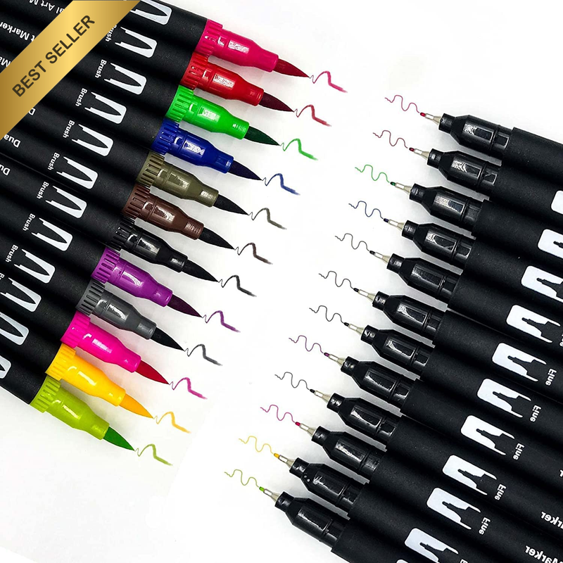 Dual Brush Pen Art Markers,12 Colored Highlighter Pen Brush and Fine Tip Markers