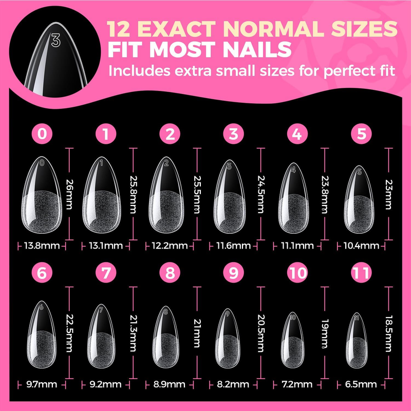 Almond Gel Nail Tips, 504PCS Pre Etched Clear Fake Nails Tips Medium Almond Shap