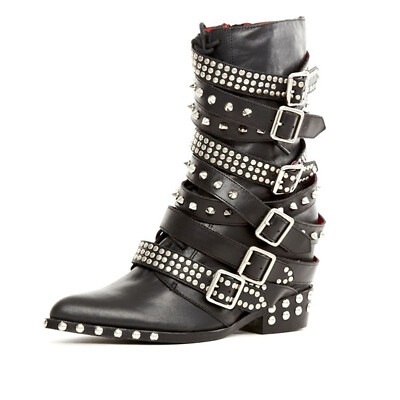 Pre-owned Jeffrey Campbell Draco Stud Hidden Wedge Pointed Embellished Moto Leather Boots In Black