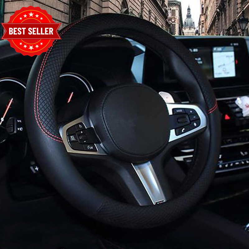 Car Steering Wheel Cover, Genuine Leather, Universal 15 Inch Fit, Anti-Slip & Od
