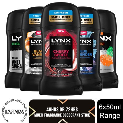 Lynx Deodorant Stick with 48Hrs or 72Hrs of Freshness 50ml, 6 Pack