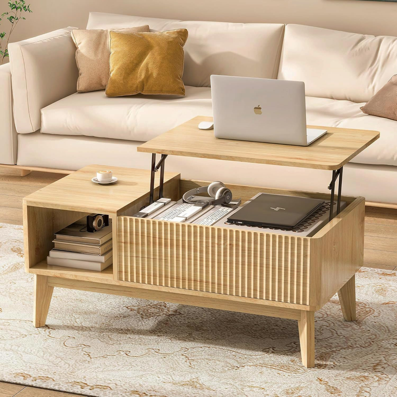 Fluted Lift Top Coffee Table with Storage, Modern Coffee Table for Living Room,