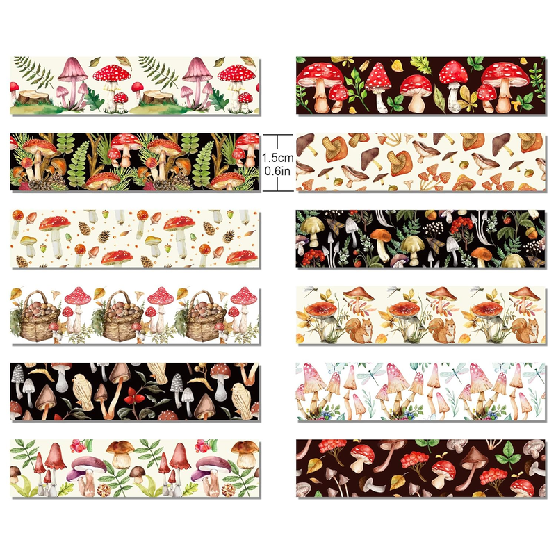 12 Rolls Mushroom Washi Tape Set,Vintage Washi Tape Decorative Paper Stickers De