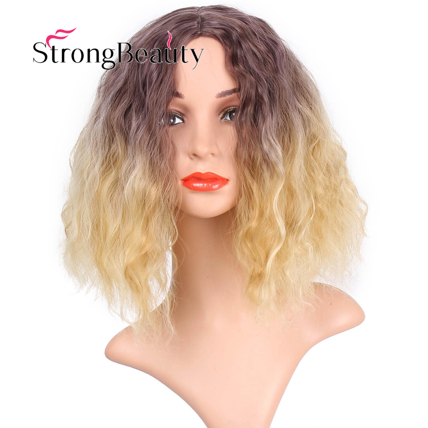 Women S Short Afro Wig Kinky Curly Hair Blonde Ombre Black Root