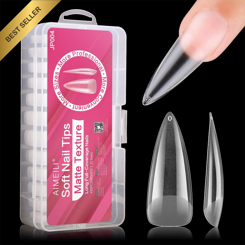 432 PCS Pre-Buff Full Cover False Nail Tips Acrylic Press-On Nails with Box 10 S