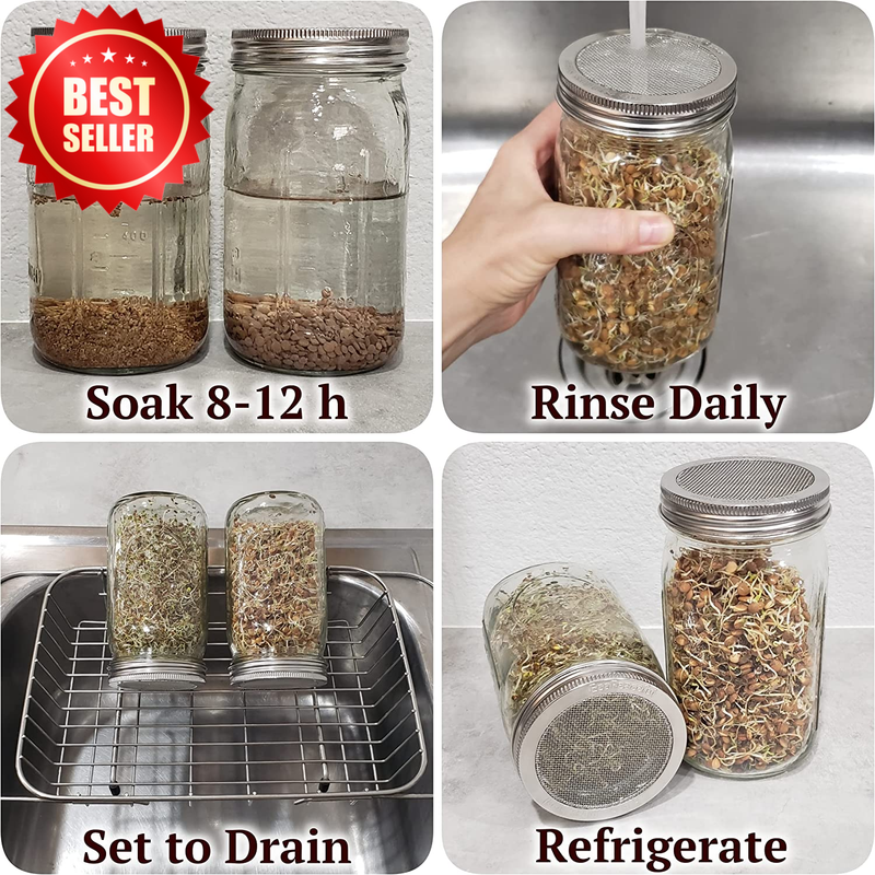6 Pack Sprouting Lids ONE-PIECE 316 Stainless Steel Wide Mouth Mason Jar US
