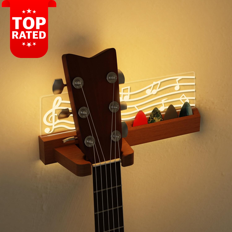 Glowing Guitar Wall Mount Musical Notes USB Powered Pick Holder Premium Wood