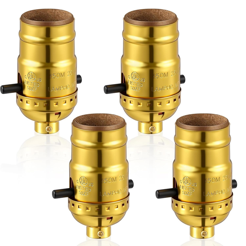 4PC E26 Lamp Socket Push On/Off Switch Medium Base UL Listed Gold