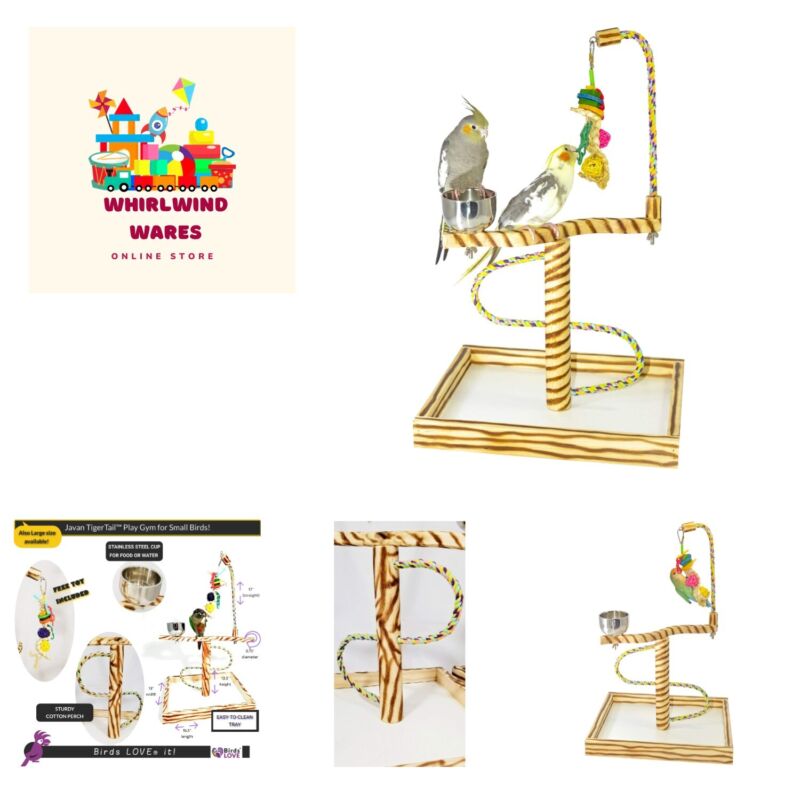 Bird Play Gym Tabletop w Cup, Toy Hanger and Toy, Javan TigerTail Stand - Small